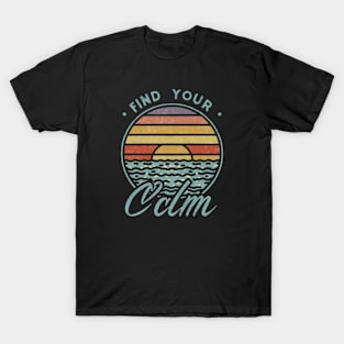 A vibrant sunset over a serene lake with the quote ‘Find Your Calm’ T-Shirt